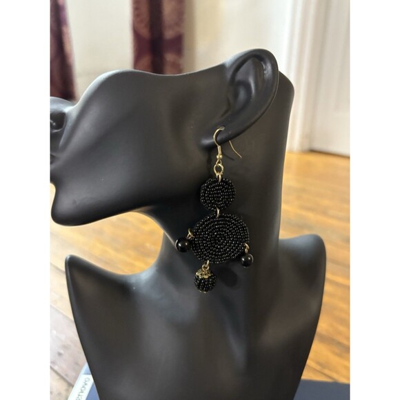 Beaded Drop Earrings Black, Seed Beaded Disc Drop Earrings, Statement 3.5” - Picture 6 of 10